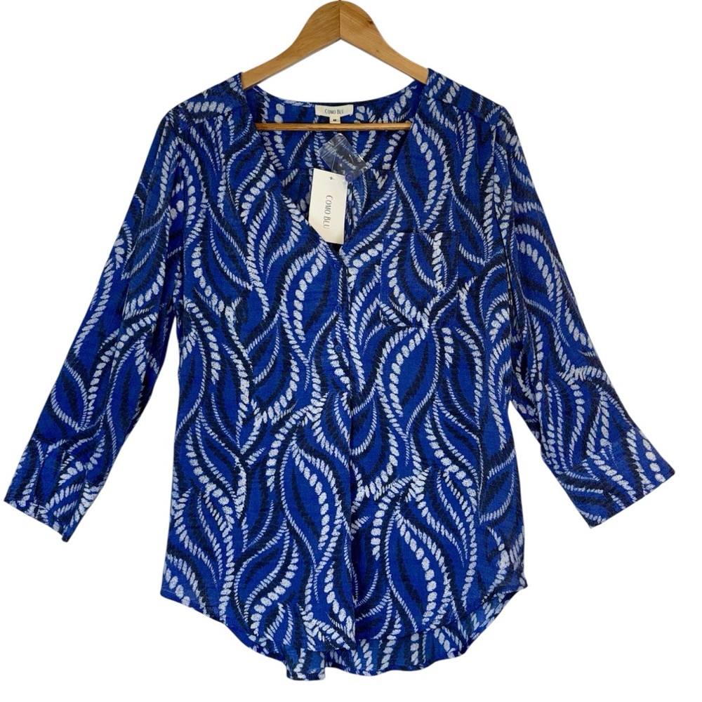 NWT Como Blu Abstract Print Tunic Size Medium 3/4 Sleeve Blouse Workwear